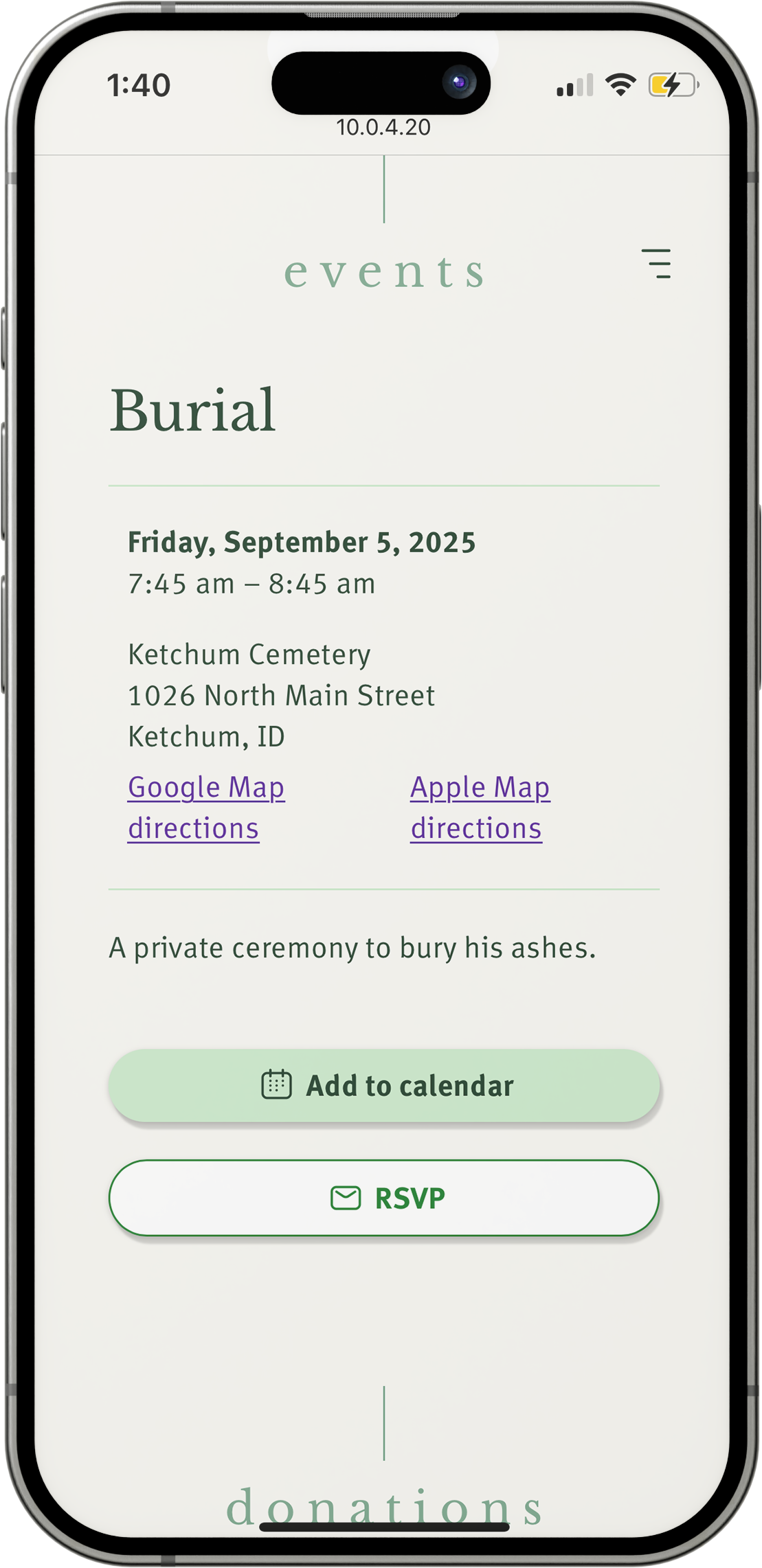 Screenshot of the events section of a tribute