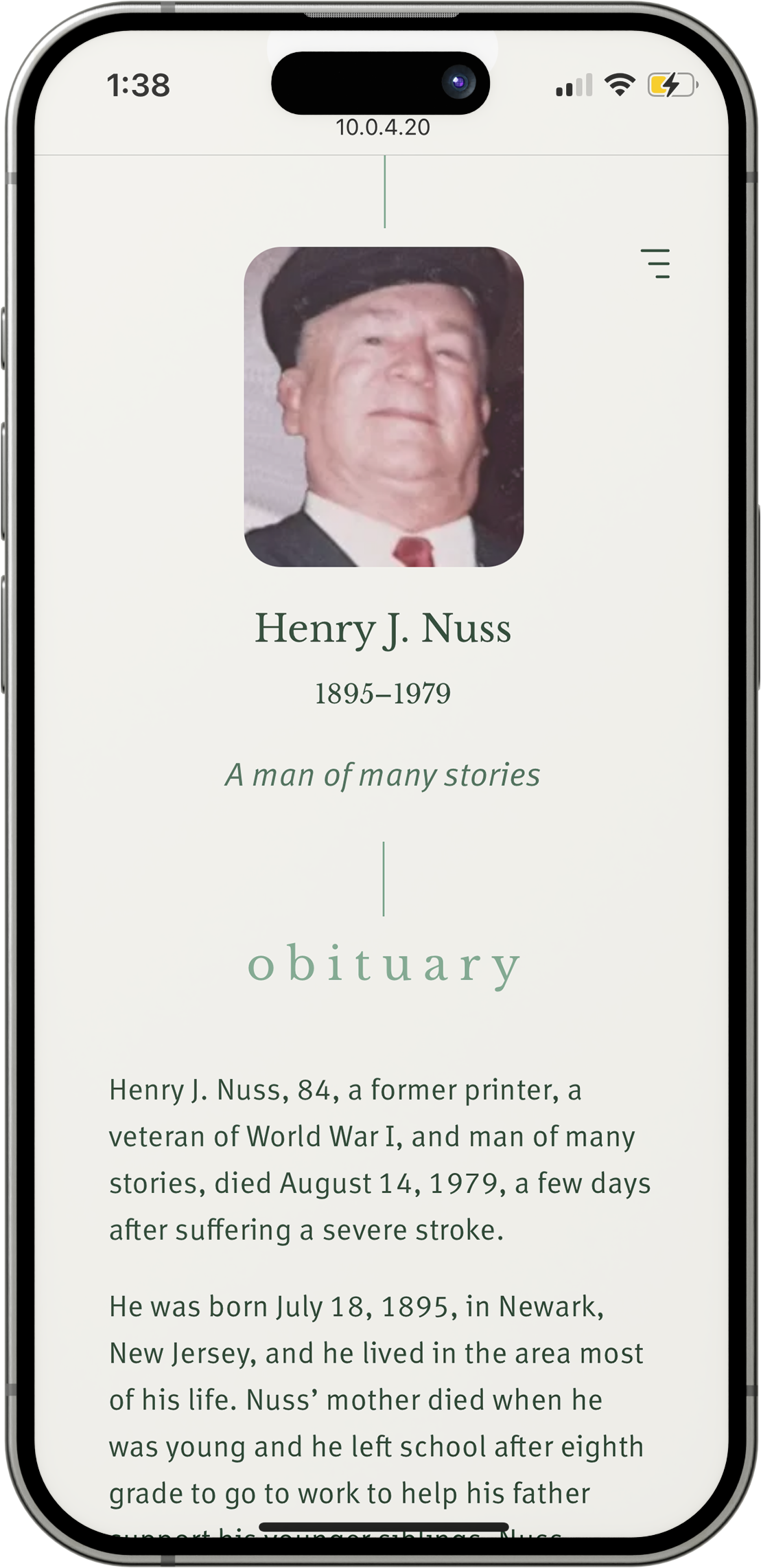 Screenshot of the obituary section of a tribute