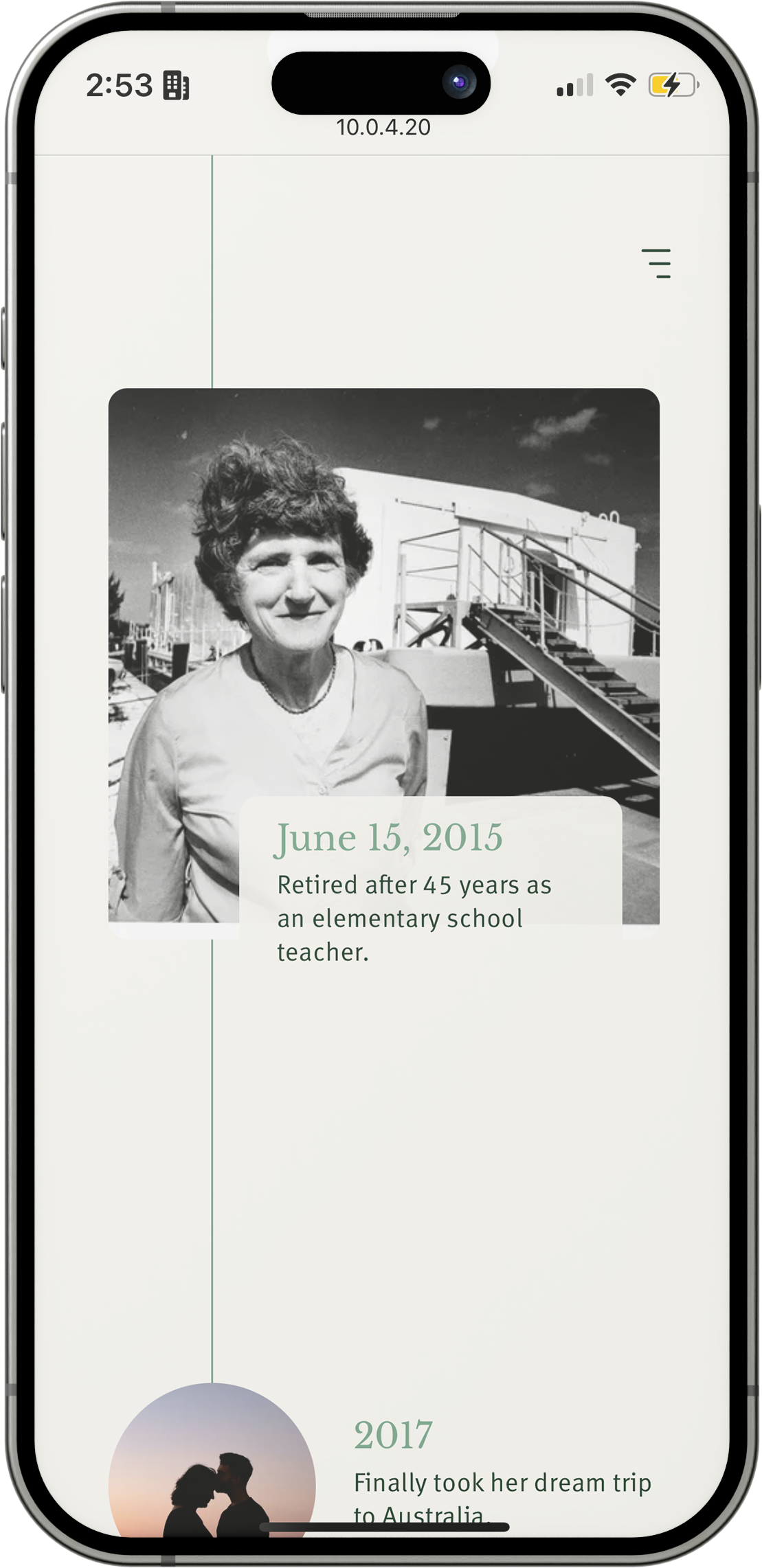 Screenshot of the timeline section of a tribute